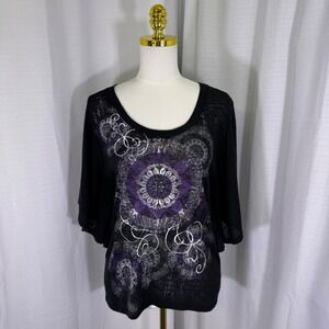 VTG Ransom Y2K Star Mandala Celestial Top M Black Butterfly Sleeve Whimsygoth